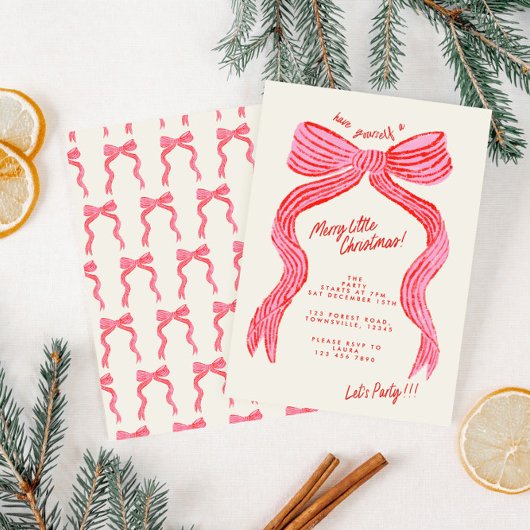 Hand Drawn Pink and Red Bow Christmas Party Kaart