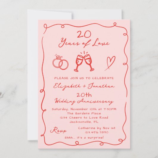 Hand Drawn Pink Any Year Wedding Anniversary Party Kaart (Voorkant)