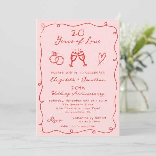 Hand Drawn Pink Any Year Wedding Anniversary Party Kaart (Staand voorkant)