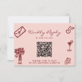 Hand Drawn Pink Burgundy Romantic QR Code Wedding RSVP Kaartje (Voorkant)