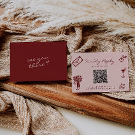 Hand Drawn Pink Burgundy Romantic QR Code Wedding RSVP Kaartje