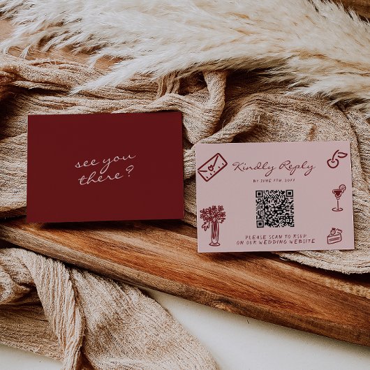 Hand Drawn Pink Burgundy Romantic QR Code Wedding RSVP Kaartje