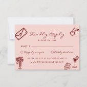 Hand Drawn Pink Burgundy Romantic Wedding RSVP Kaartje (Voorkant)