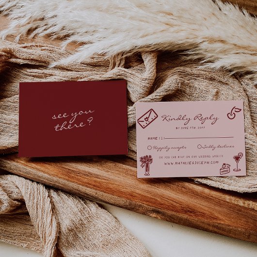 Hand Drawn Pink Burgundy Romantic Wedding RSVP Kaartje