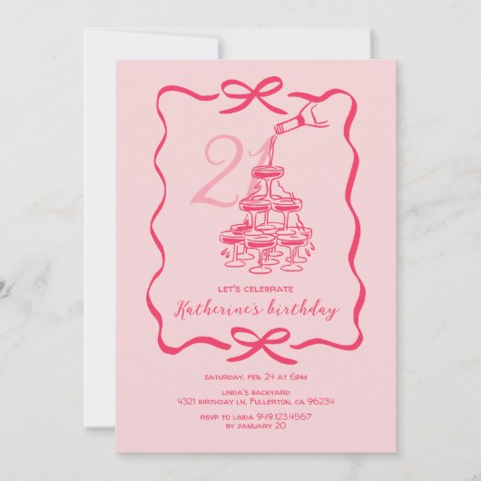 Hand Drawn Pink Champagne 21st Birthday Party Kaart (Voorkant)