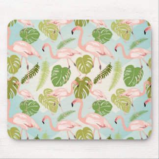 Hand drawn pink flamingo and monstera leaves. Seam Muismat