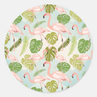 Hand drawn pink flamingo and monstera leaves. Seam Ronde Sticker