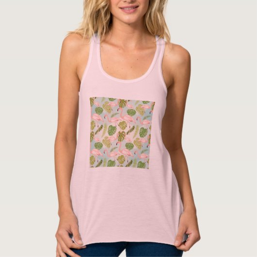 Hand drawn pink flamingo and monstera leaves. Seam Tanktop (Voorkant)