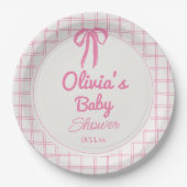 Hand Drawn Pink Gingham Bow Baby Girl Shower Papieren Bordje (Voorkant)