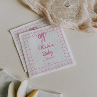 Hand Drawn Pink Gingham Bow Baby Girl Shower Servet
