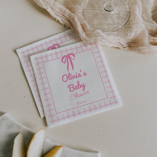 Hand Drawn Pink Gingham Bow Baby Girl Shower Servet