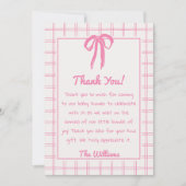 Hand Drawn Pink Gingham Bow Girl Baby Shower Bedankkaart (Voorkant)