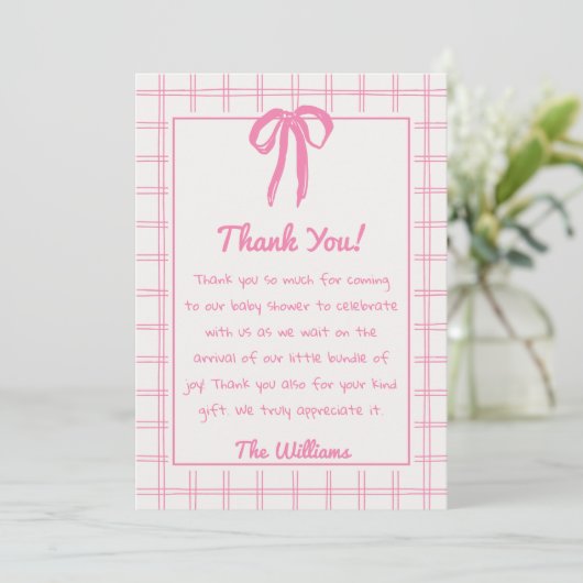 Hand Drawn Pink Gingham Bow Girl Baby Shower  Bedankkaart (Staand voorkant)