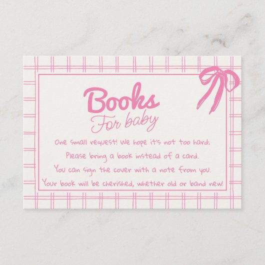 Hand Drawn Pink Girl Bow Gingham Book Request Informatiekaartje (Voorkant)