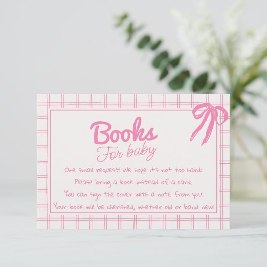 Hand Drawn Pink Girl Bow Gingham Book Request Informatiekaartje (Staand voorkant)