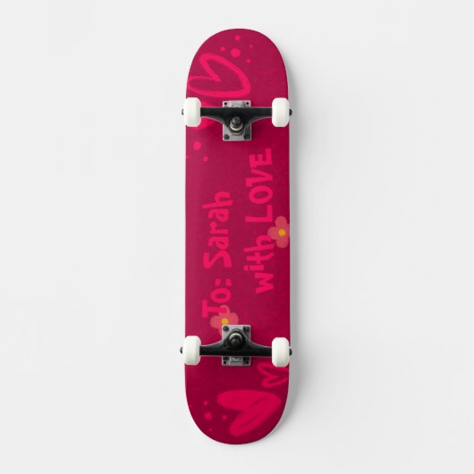Hand-Drawn Pink Hearts & Floral Romantic Persoonlijk Skateboard (Voorkant)