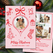 Hand-Drawn Pink Red Doodle Photo Merry Christmas Feestdagenkaart