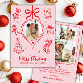 Hand-Drawn Pink Red Doodle Photo Merry Christmas Feestdagenkaart