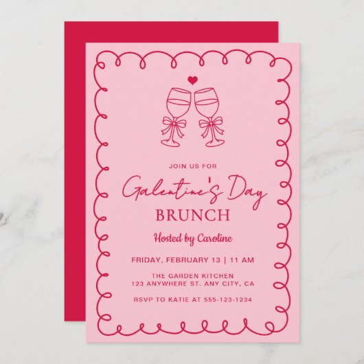 Hand Drawn Pink Red Galentine's Day Brunch Kaart (Voorkant / Achterkant)
