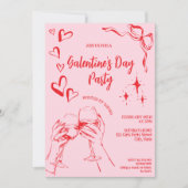 Hand Drawn Pink Red Galentine's Day Cocktail Party Kaart (Voorkant)