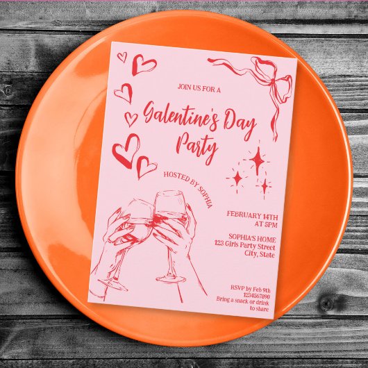 Hand Drawn Pink Red Galentine's Day Cocktail Party Kaart