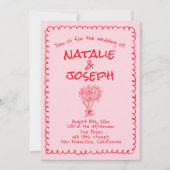 Hand Drawn Pink Red Retro All In One Wedding Kaart (Voorkant)