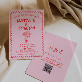 Hand Drawn Pink Red Retro QR Code Wedding Kaart