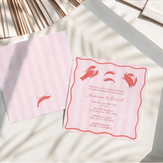 Hand-Drawn Pink Red Seafood Boil Couples Shower Kaart