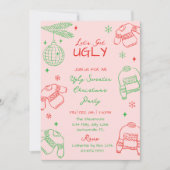 Hand Drawn Pink Red Ugly Sweater Christmas Party Feestdagenkaart (Voorkant)