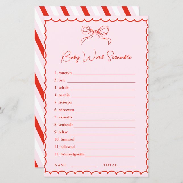 Hand Drawn Pink Red Word Scramble Baby Shower Game (Voorkant / Achterkant)