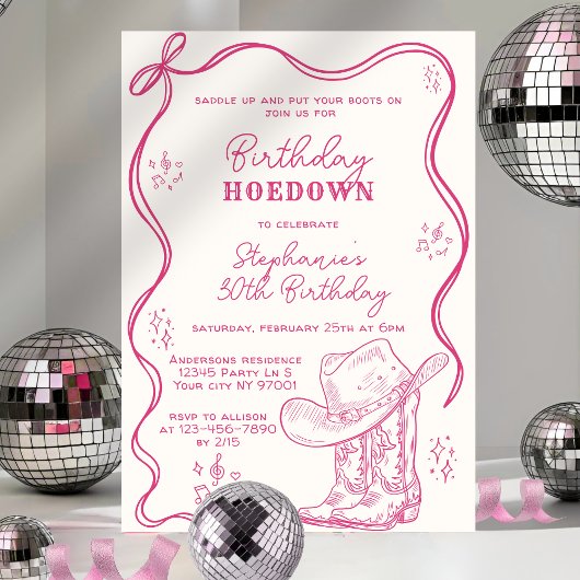 Hand Drawn Pink Western Birthday Hoedown Party Kaart