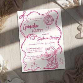 Hand Drawn Pink Western Disco Graduation Party Kaart