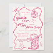 Hand Drawn Pink Western Disco Graduation Party Kaart (Voorkant)