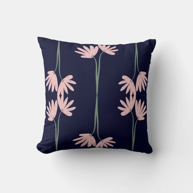 Hand Drawn Pink Wild Flowers Navy Blue Kussen (Voorkant)