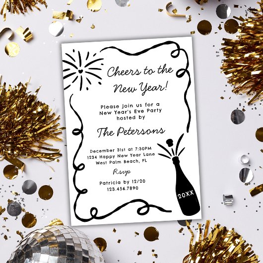 Hand Drawn Popping Champagne New Years Eve Party Kaart