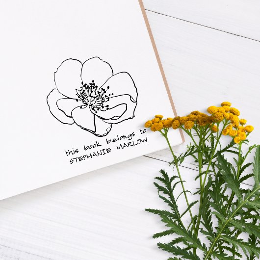 Hand-drawn Poppy Wildflower Rustic Library Book Rubberstempel