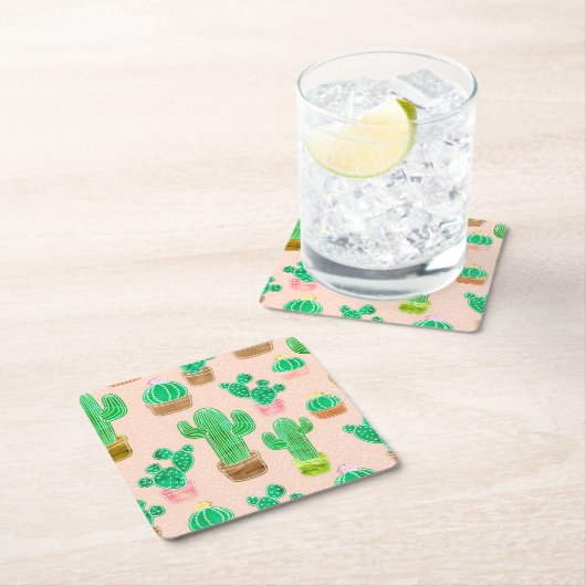 Hand Drawn Potted Cactus Pattern Kartonnen Onderzetters (Insitu)