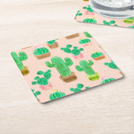 Hand Drawn Potted Cactus Pattern Kartonnen Onderzetters (Schuin)