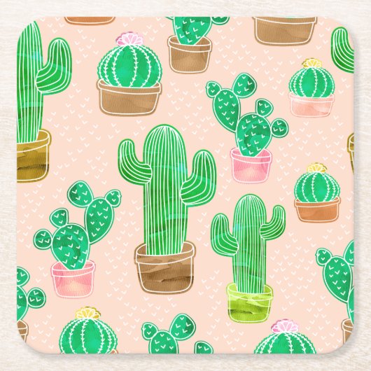 Hand Drawn Potted Cactus Pattern Kartonnen Onderzetters (Voorkant)