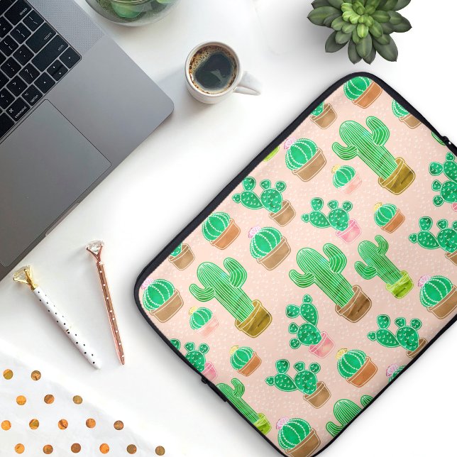 Hand Drawn Potted Cactus Pattern Laptop Sleeve (Cactus Pattern Laptop Case)