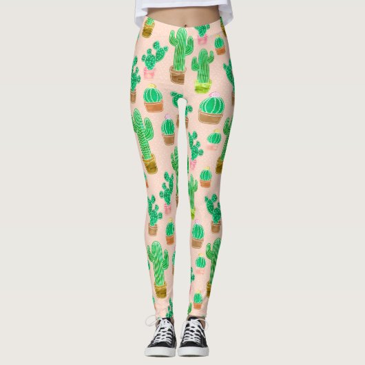Hand Drawn Potted Cactus Pattern Leggings (Voorkant)