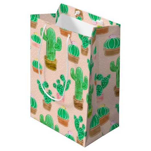 Hand Drawn Potted Cactus Pattern Medium Cadeauzakje (Voorkant Gekanteld)