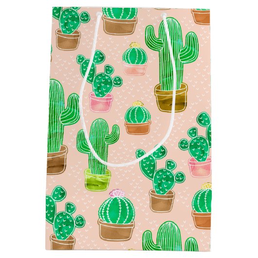 Hand Drawn Potted Cactus Pattern Medium Cadeauzakje (Achterkant)