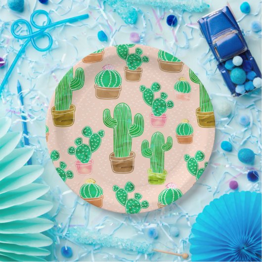 Hand Drawn Potted Cactus Pattern Papieren Bordje (Feest)