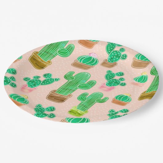 Hand Drawn Potted Cactus Pattern Papieren Bordje (Gekanteld)