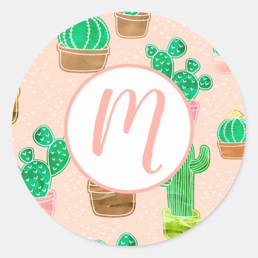 Hand Drawn Potted Cactus Pattern Ronde Sticker (Voorkant)