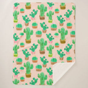 Hand Drawn Potted Cactus Pattern Sherpa Deken