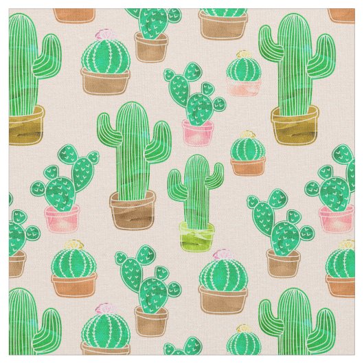 Hand Drawn Potted Cactus Pattern Stof (Close Up)