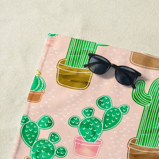 Hand Drawn Potted Cactus Pattern Strandlaken (In situ)