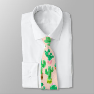 Hand Drawn Potted Cactus Pattern Stropdas